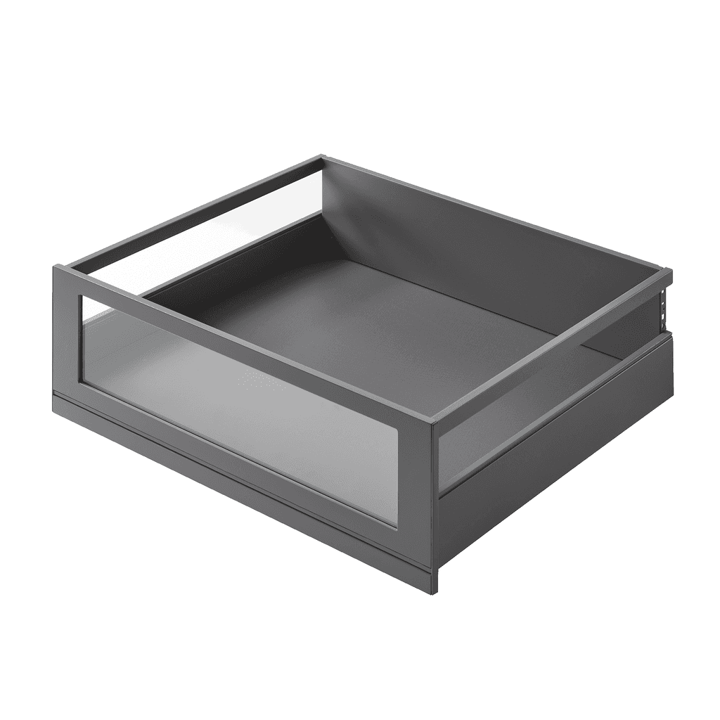 Innenauszug mit eckiger Reling
und Design-Blende
mit Glaseinsatz in Grauglas