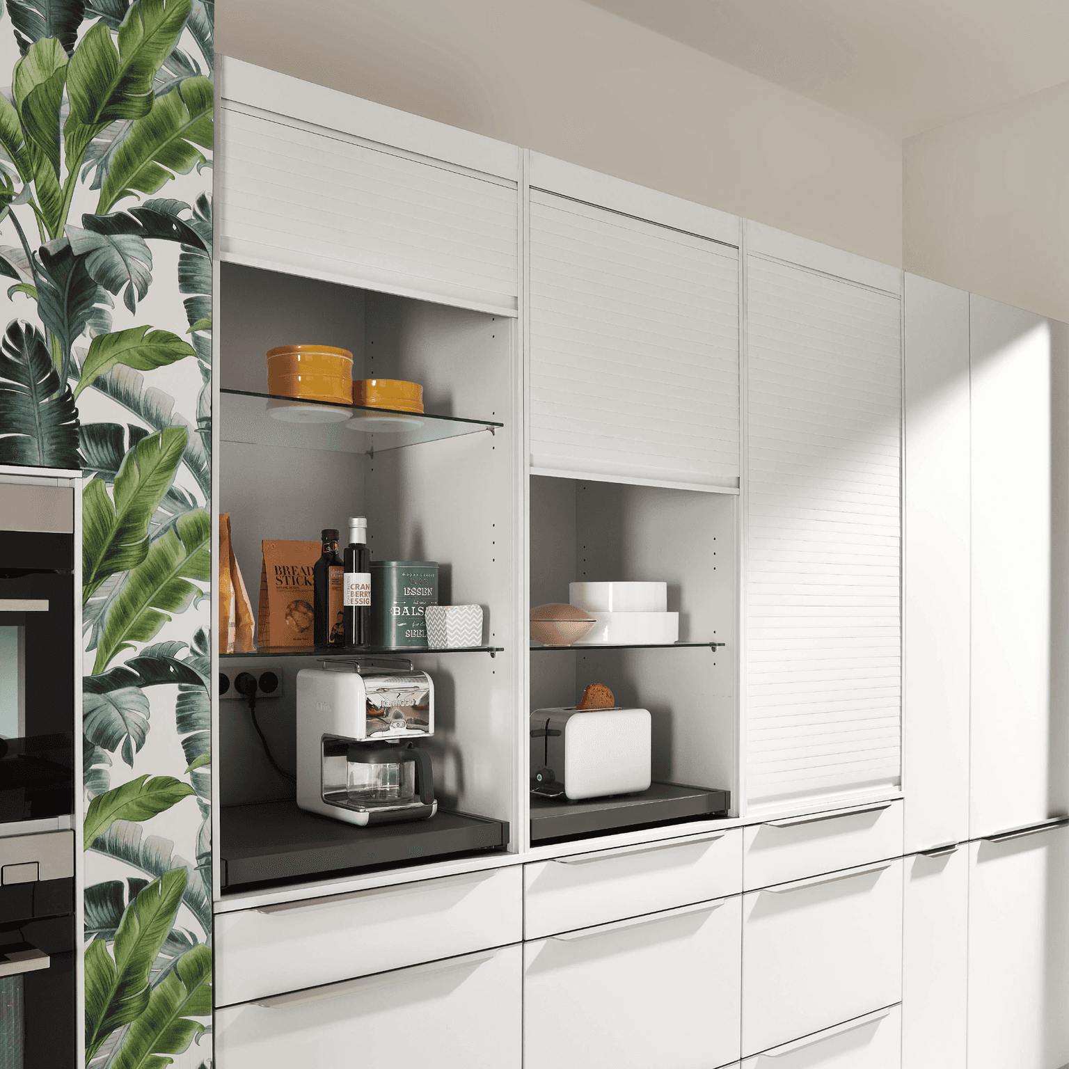 Nobilia top cabinet with white plastic tambour