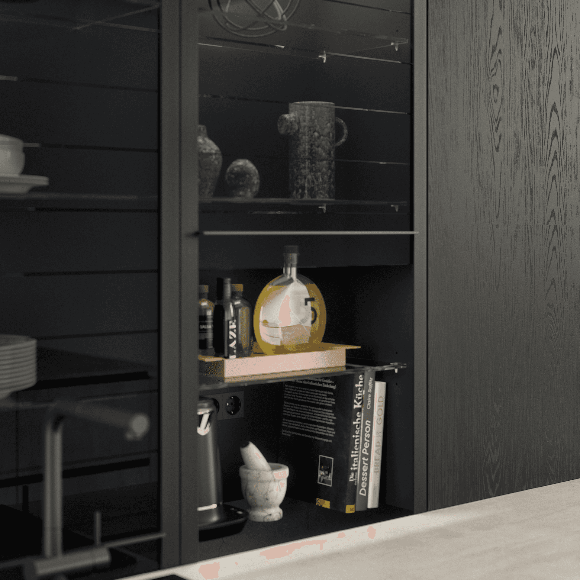 Nobilia top cabinet with black glass for an impeccable look!