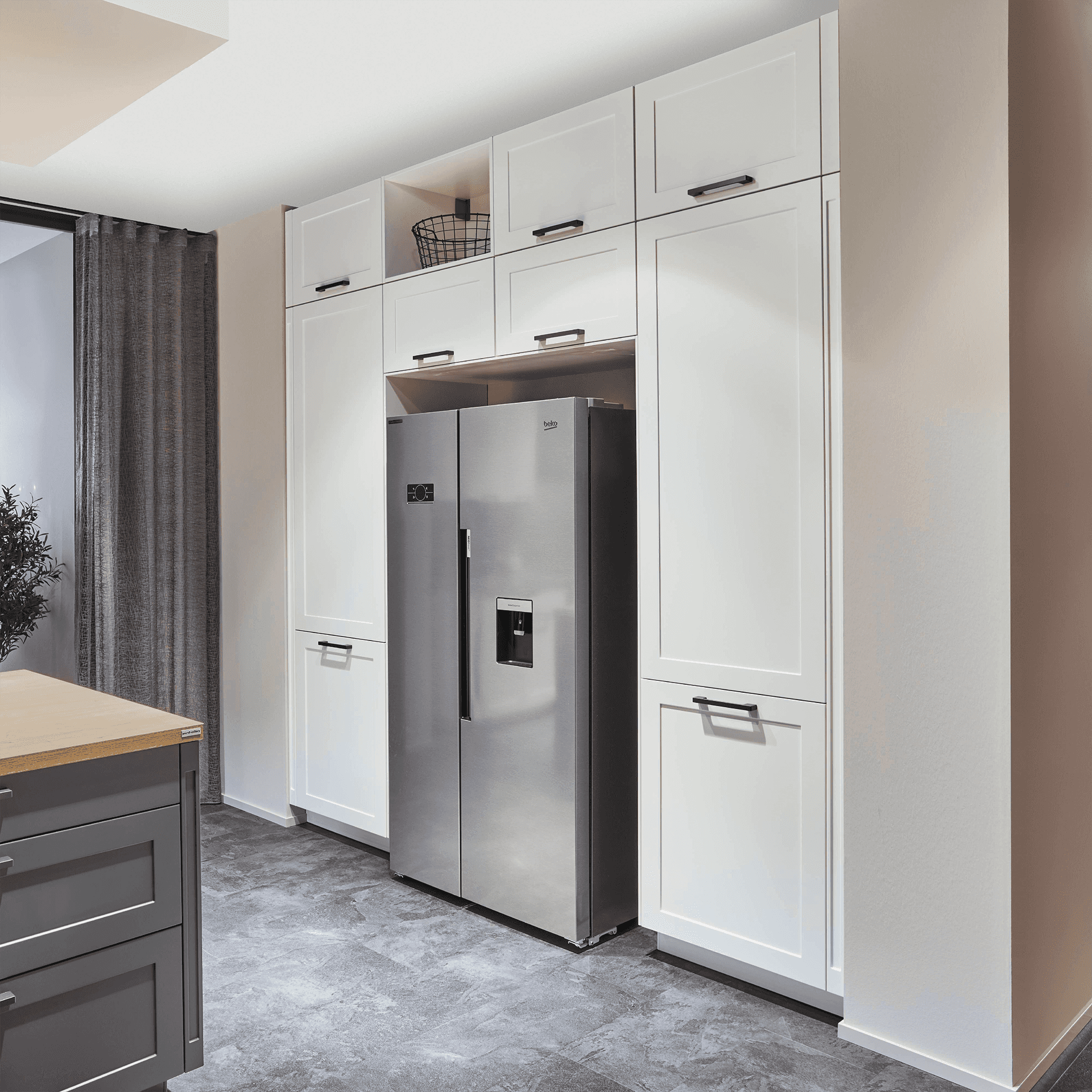 Nobilia overhead cabinet for side-by-side refrigerator planning