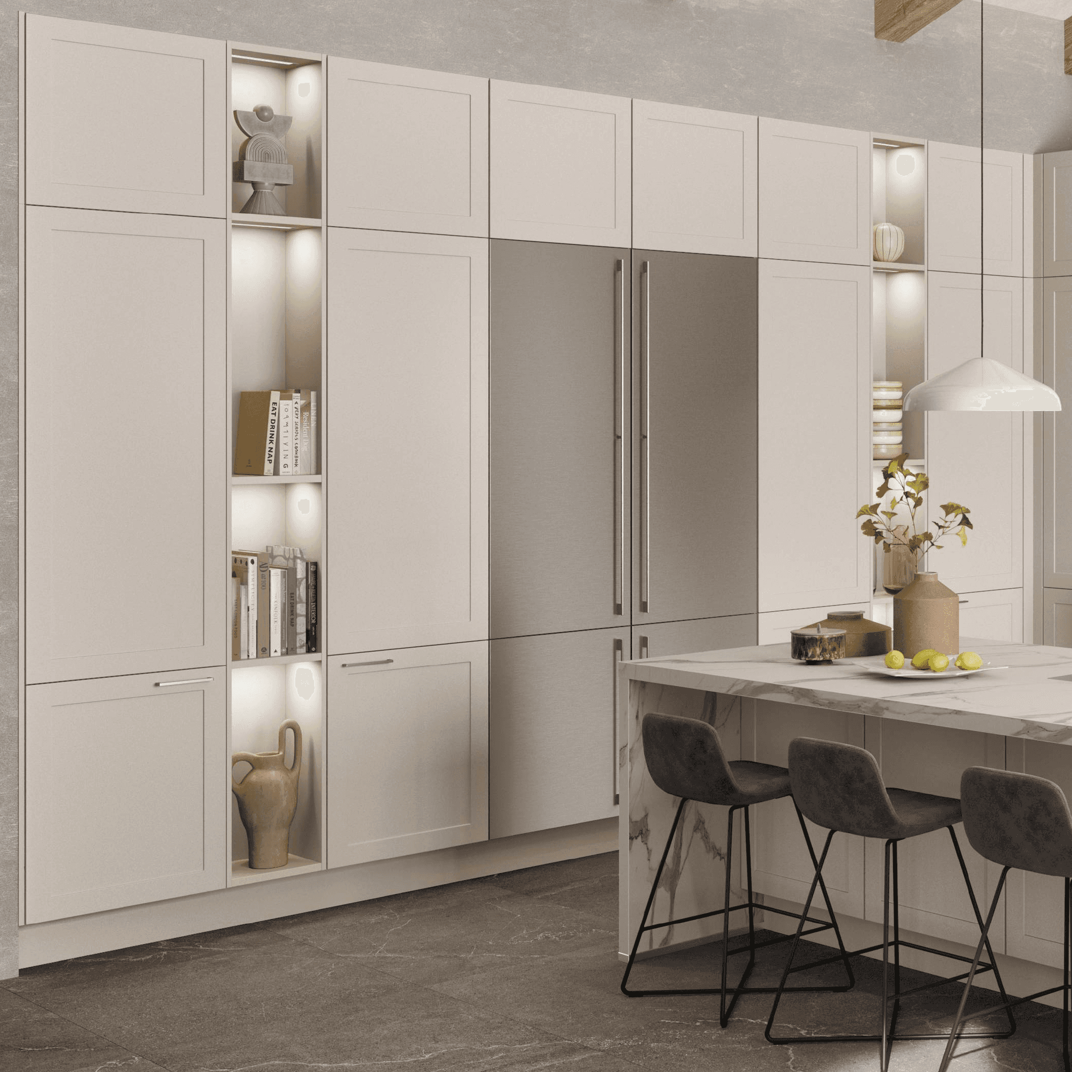 Nobilia refrigerator surround with overhead cabinets