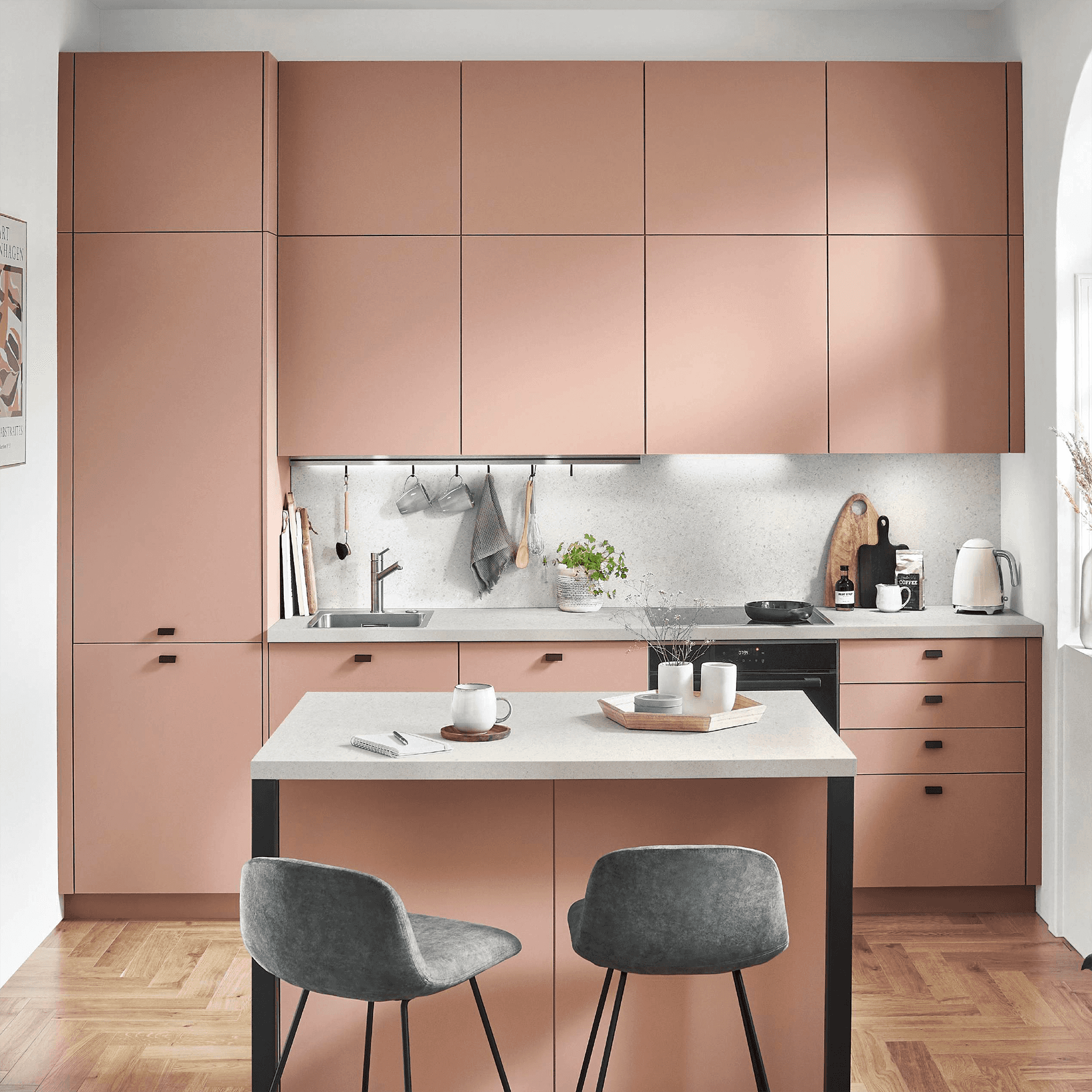 Nobilia overhead cabinet for kitchen runs with different side depths