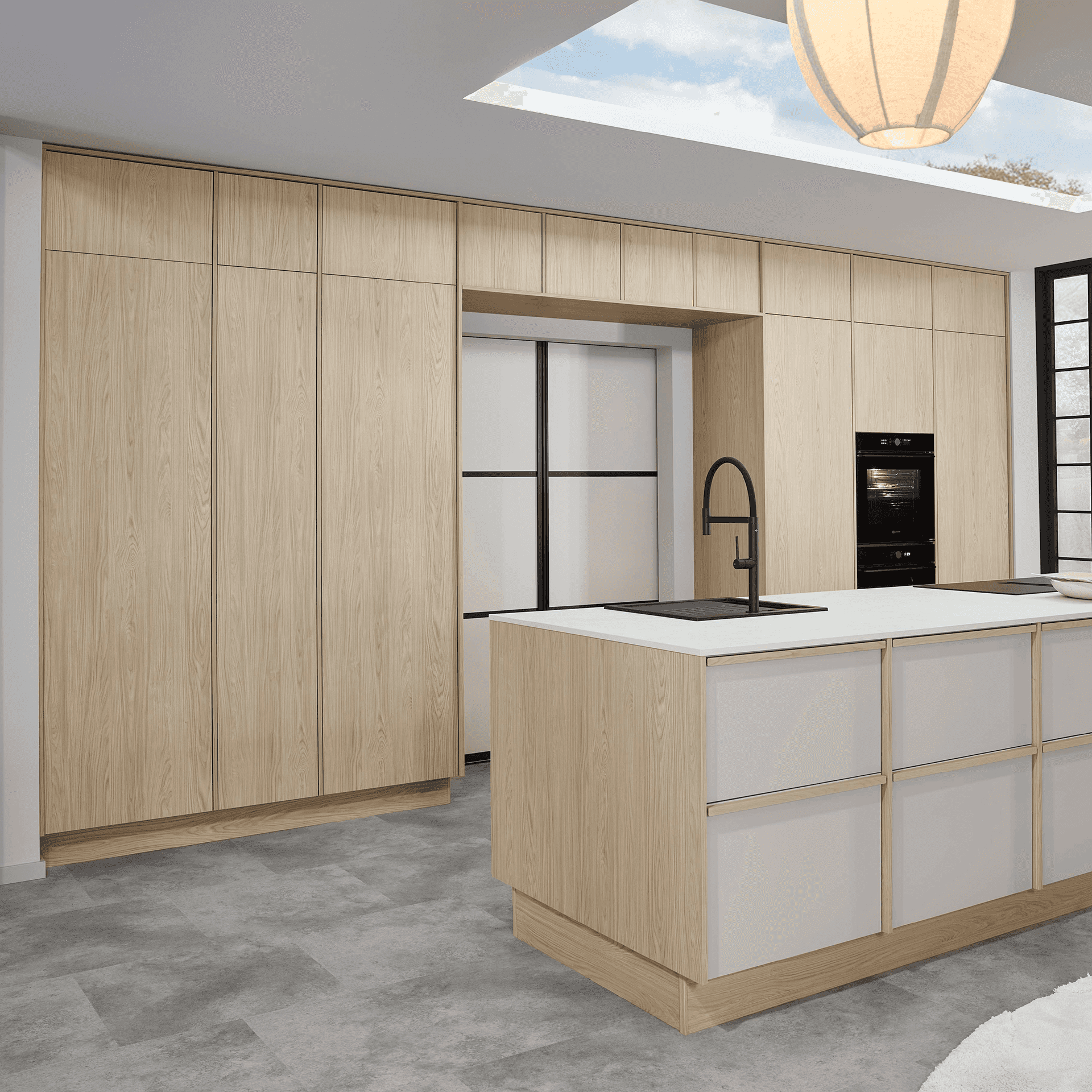 Nobilia overhead cabinets above passage doors