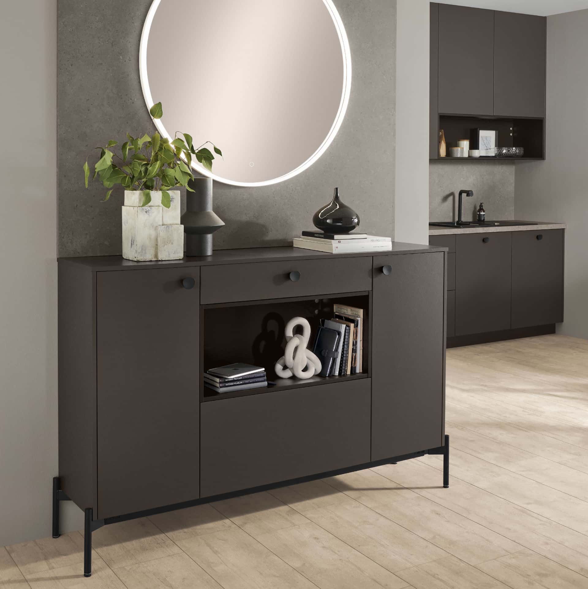 Sideboard mit Küchen Türenschrank in Coffee strukturiert aus dem Programm Nobilia Look 